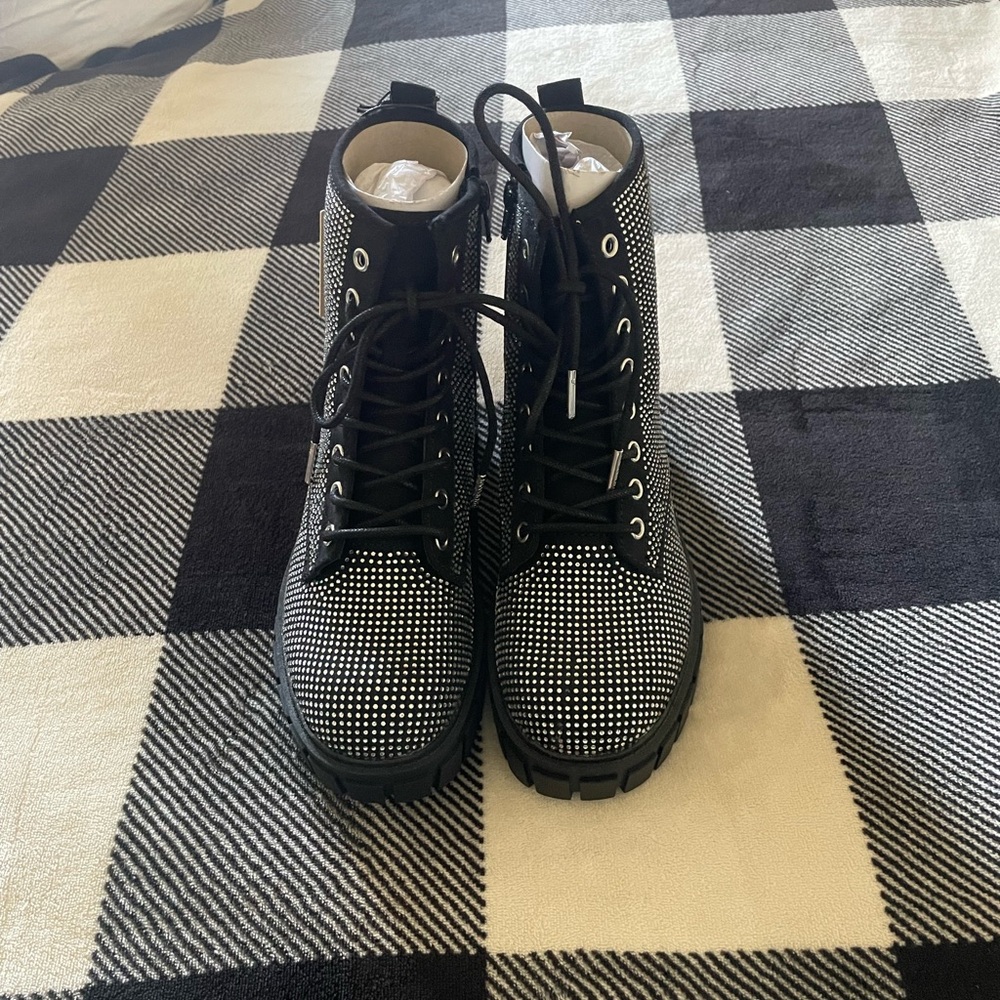 Black Combat Moto Boots with Glitter Accents